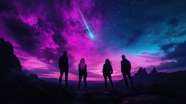 cool cinematic starry sky with a shooting star on sky neon colors , there should be four people standing in the photo looking on the sky