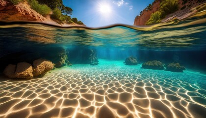 A stunning split-view of a sunlit beach and an underwater scene with clear turquoise water and coral rocks