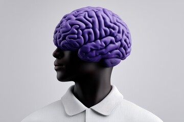 A conceptual portrayal of a person with a vibrant purple brain symbolizing creativity and cognitive exploration showcasing the fusion of human identity and innovative thought processes