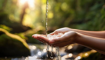 Hands cupped together catching fresh flowing water from a natural stream in a sunlit forest
