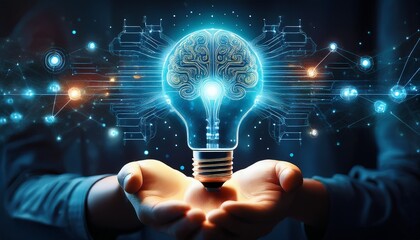 ai machine learning hand holding a big data network brain data creative of ai in light bulb ai adoption for working science and artificial intelligence technology innovation for futuristic