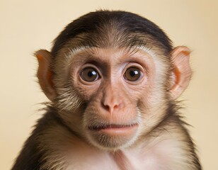 Young Monkey Portrait on Warm Background. for use in educational content, humorous illustrations, or animal behavior themes.