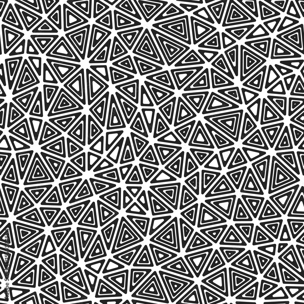 Poster triangles pattern. compact shape size. multiple repeated inner triangles. black and white style. rep