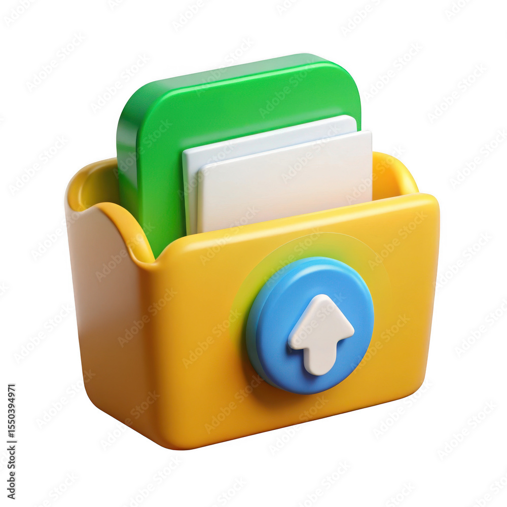 Poster 3d rendered upload icon a colorful file folder with documents isolated on transparent background