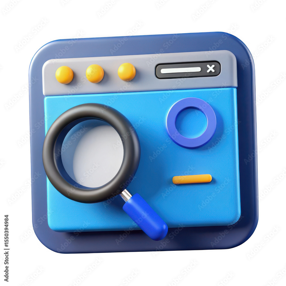Poster 3d rendered web search icon magnifying glass on browser window isolated on transparent background