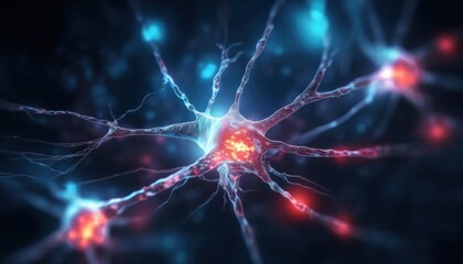Close-up view of neurons firing in a brain network with glowing synapses in a science and technology concept