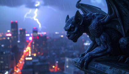 A stone gargoyle perched atop a high building overlooks a rainy city skyline illuminated by distant lightning at night