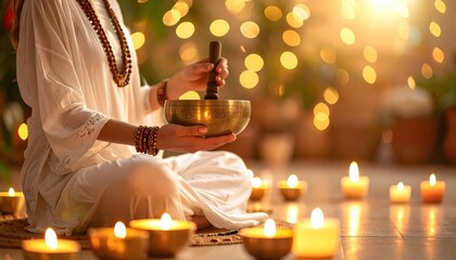 Spiritual scene of a person using a Tibetan singing bowl surrounded by candles and soft lights