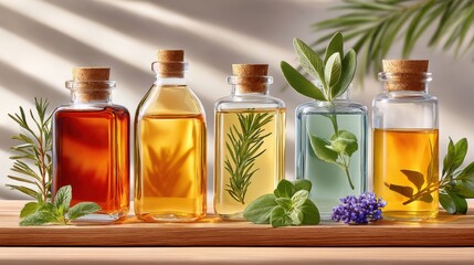 Assortment of natural essential oils with herbs and plants in glass bottles
