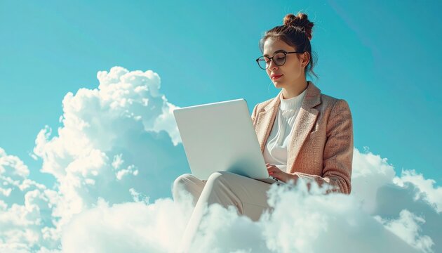 Businesswoman sitting on clouds working remotely with a laptop in bright sky