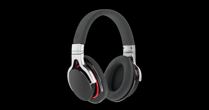 Black wireless headphones rotating animation, seamlessly loopable. 3D rendering isolated on transparent background