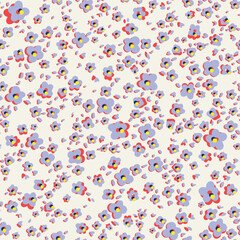 Cute little ditsy daisy flower heads with leavs seamless repeat pattern. Random placed, handdrawn vector botany aop, all over print on white background.