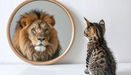 A kitten gazes into a mirror seeing a lion, symbolizing self-perception, confidence, personal growth, and inner strength often reflected in motivational themes
