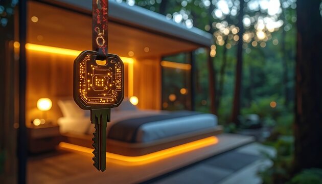 Smart key with circuit design represents tech-enhanced lodging security in a modern forest retreat, ideal for digital detox and luxury glamping experiences
