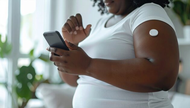 Woman uses smartphone while wearing arm glucose monitor in bright home setting