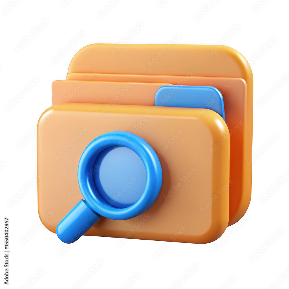 Poster 3d rendered file search icon stack of folders with magnifying glass isolated on transparent backgrou