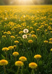 Obraz premium Yellow Dandelion Field at Sunset