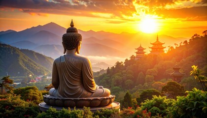 A Buddha statue overlooking a valley at sunset represents peace, mindfulness, spiritual awakening, meditation retreat destinations, and inner tranquility
