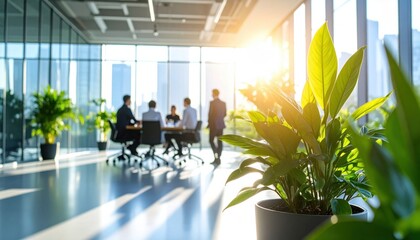 Modern office environment with greenery and sunlight reflects trends in sustainable workplace design, productivity, biophilia, and eco-conscious corporate culture