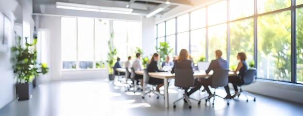 Collaborative team meeting in a sunlit modern office representing workplace innovation, teamwork and eco-conscious corporate design