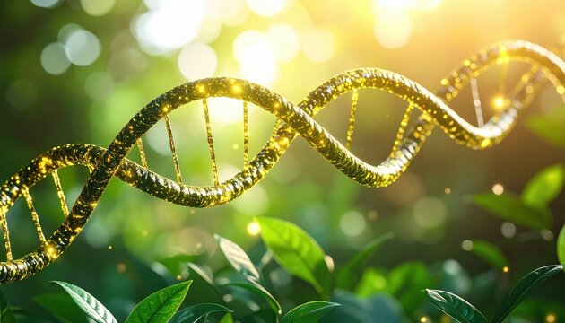 Golden DNA strand glowing in sunlight among leaves, representing bioengineering, sustainability, genetic evolution, and nature-tech fusion