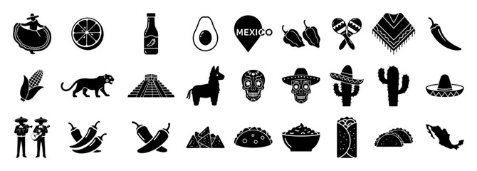 vector set of mexican culture icons in black silhouette