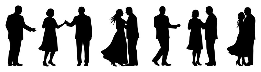 vector silhouettes of dancing couples and people at party