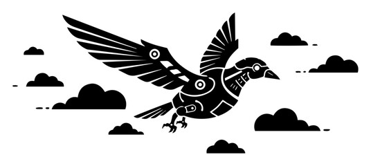 robotic bird flying in sky with clouds vector illustration