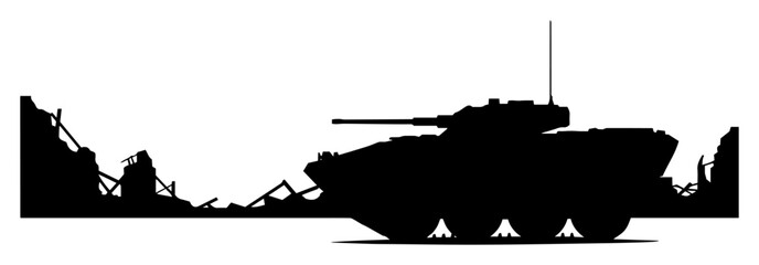 armored vehicle patrolling war zone with ruins around