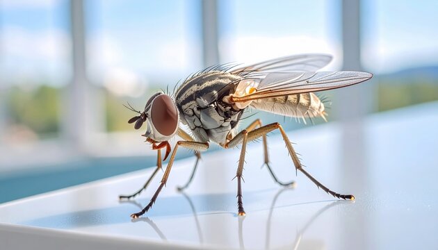 Macro view of a fly on a smooth surface showcasing biological detail and serving as a visual metaphor for disruption, focus, or entomology studies