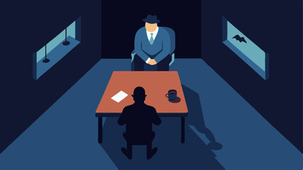 Dramatic Confession An overhead view of a dimly lit interrogation room with a large table. A suspect sits slouched in a chair looking remorseful while a detective leans forward