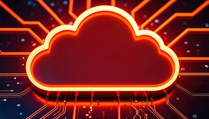 Glowing red cloud icon over circuit board symbolizing cloud computing, data infrastructure and futuristic digital connectivity