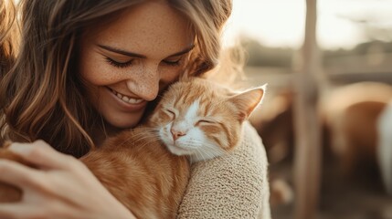 This heartwarming image captures a joyful woman holding her orange cat closely, showcasing a beautiful bond that highlights love, affection, and companionship between pet and owner.