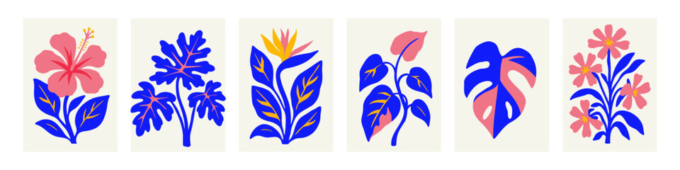 Tropical plant leaves, flower and leaf illustration set. Modern botanical illustration of hibiscus, monstera leaf, strelitzia, philodendron. Vector papercut style art with playful vibrant color © Ron Dale