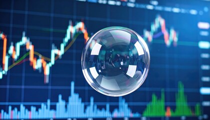 Transparent bubble floating in front of stock market chart symbolizing economic speculation, volatility, financial bubbles, and market uncertainty