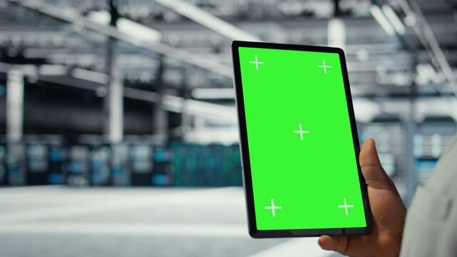 Close up of admin in data center using green screen tablet to calibrate energy usage. Server farm IT expert using chroma key device to inspect hardware configurations, doing maintenance, camera A