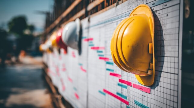 Construction timeline chart and Gantt schedule pinned to project board onsite