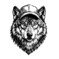 Fototapeta premium A wolf wearing a baseball cap, monochrome vector illustration