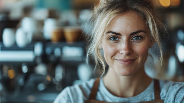 A cheerful barista stands in her coffee shop, showcasing the warm and inviting atmosphere where delicious beverages are crafted with care and skill for customers.