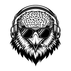 A cool, Hipster Hawk listens to music with sunglasses and headphones, a cool illustration.