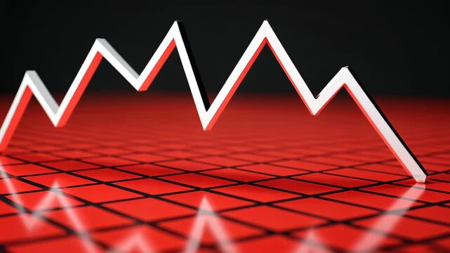 Downward Chart: White line chart moving downward on a dark background with reflecting red floor signaling financial loss or negative trend.