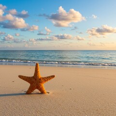 Orange Starfish on Sandy Beach at Sunset