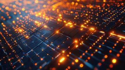 Fototapeta premium AIcontrolled solar energy grid with holographic data, sunlit panels, ecofuturistic, ambient lighting