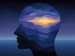 A stunning abstract representation of a human profile revealing layered mountainous landscapes and a radiant sunrise within the mind evoking tranquility and introspection through soft fluid