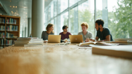 Students Collaborating Around Laptops in a Bright Library