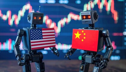 Two robots with American and Chinese flags stand against a stock chart backdrop, metaphor for tech race and economic competition between US and China in AI development