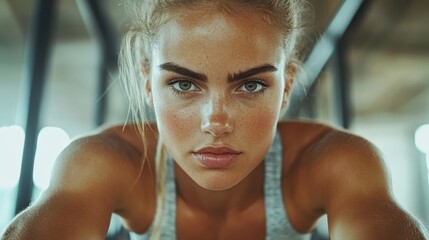 A determined woman exudes strength and focus during an intense training session, perfectly capturing the essence of dedication, empowerment, and the pursuit of fitness goals.