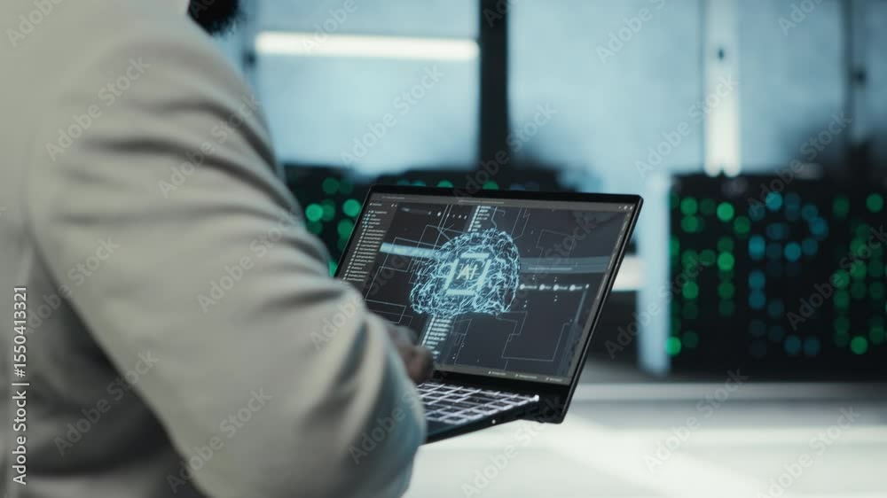 Poster server room system administrator using laptop to do infrastructure ai machine learning automatizatio
