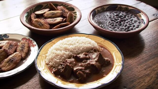 Delicious dominican republic food la bandera rice beans meat plantains traditional cuisine dish video 4k