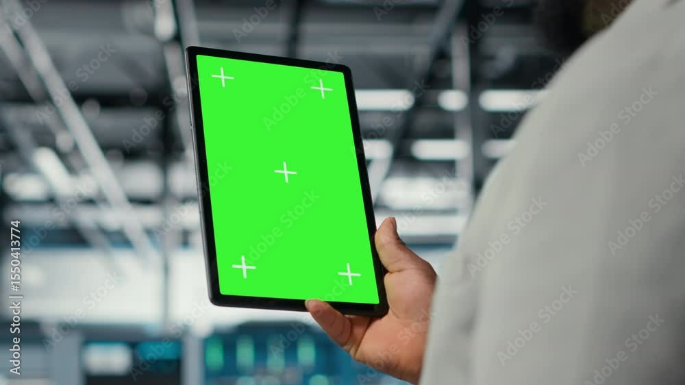 Poster close up of technician upgrading equipment in data center using green screen tablet. it specialist i